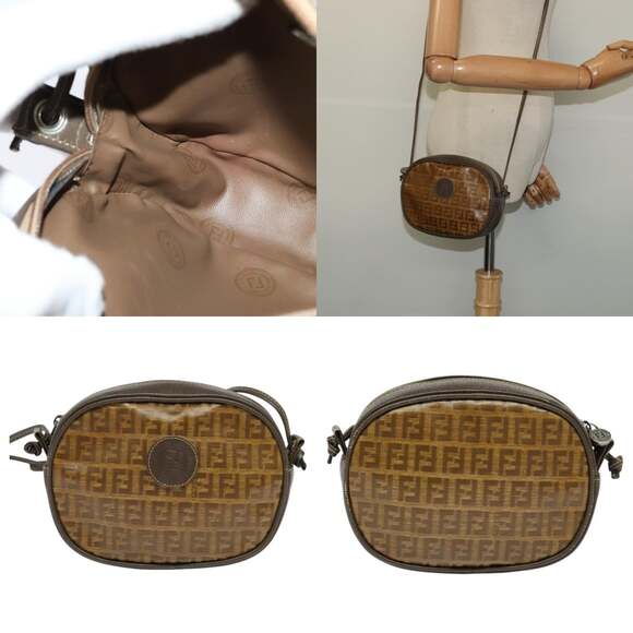 FENDI Zucchino Canvas Shoulder Bag Pvc Dark Brown - Picture 10 of 12